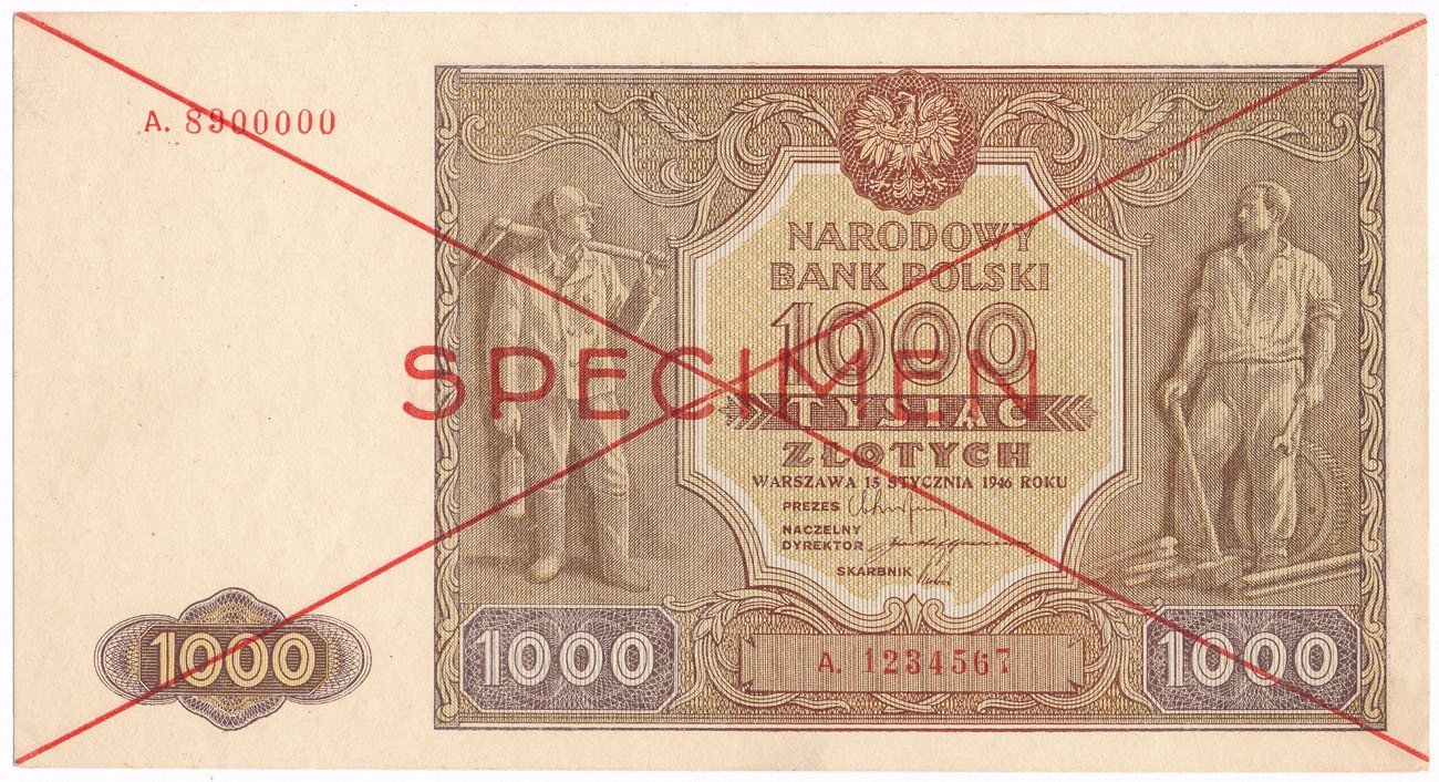 Banknot. 1 000 złotych  1946 seria A  SPECIMEN